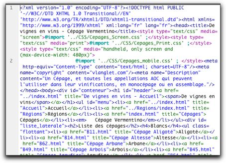 Code HTML d'un cépage